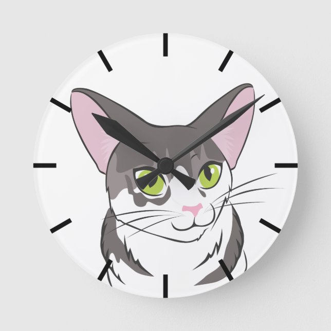 Grey and White Cat Round Clock (Front)
