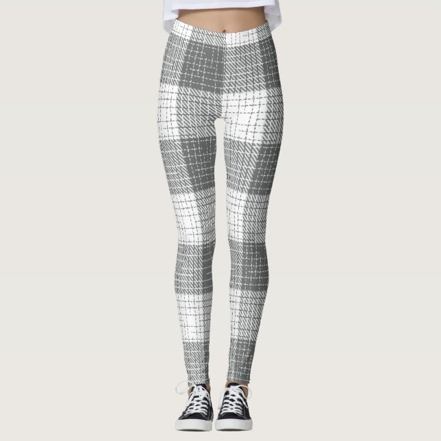 Grey and White Checkered Crosshatch Plaid  Leggings (Front)