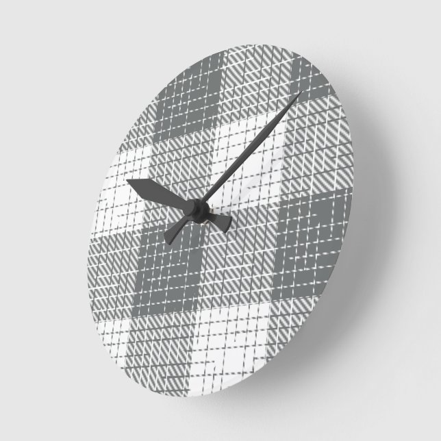 Grey and White Checkered Crosshatch Plaid  Round Clock (Angle)