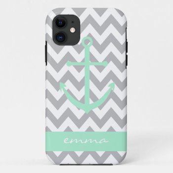 Grey And White Chevron Mint Anchor Monogram Case by BellaMommyDesigns at Zazzle