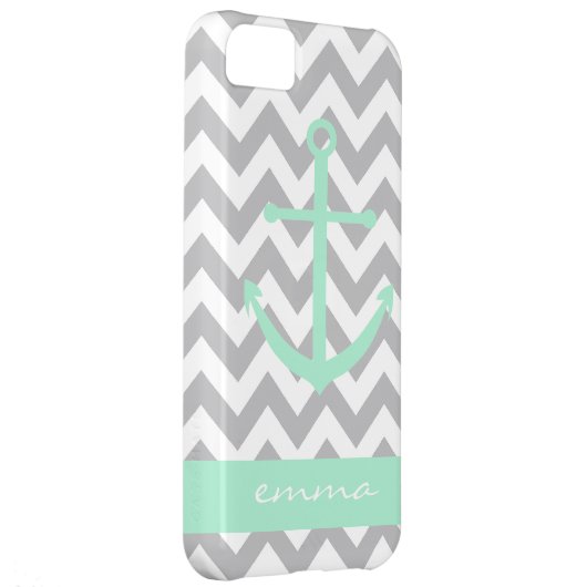 Grey and White Chevron Mint Anchor Monogram Case (Back/Right)