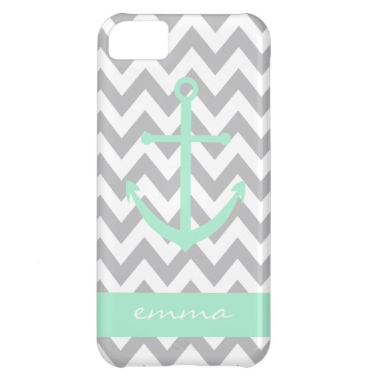 Grey and White Chevron Mint Anchor Monogram Case (Back)