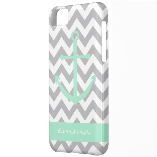 Grey and White Chevron Mint Anchor Monogram Case (Back Left)