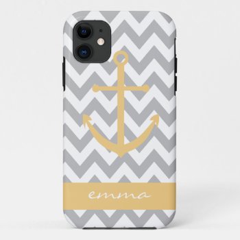 Grey And White Chevron Yellow Anchor Monogram Case by BellaMommyDesigns at Zazzle