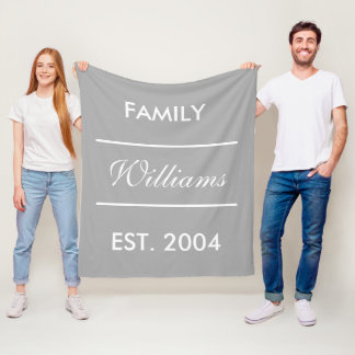 Grey And White Custom Family Name Fleece Blanket