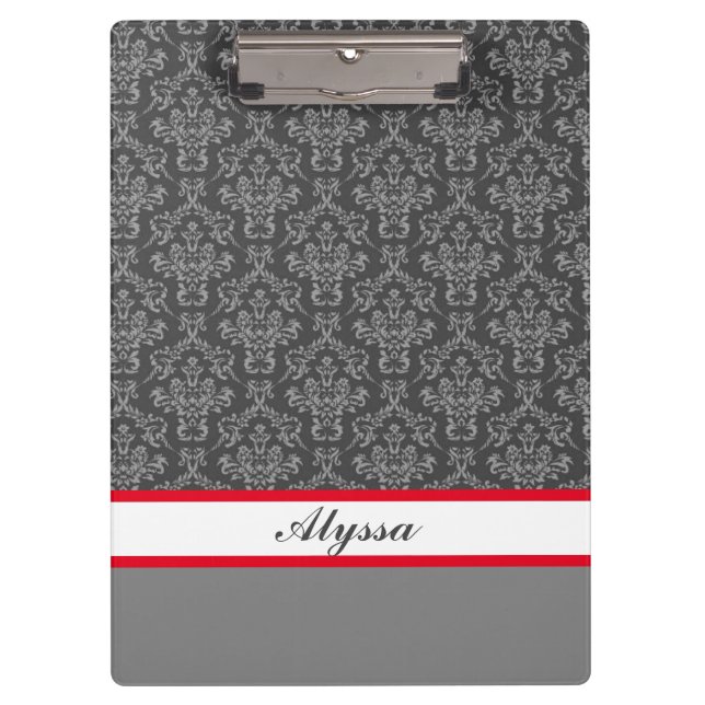 Grey and White Damask Pattern with Name Clipboard (Front)