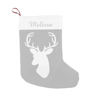 Grey And White Deer Head With Custom Name Small Christmas Stocking