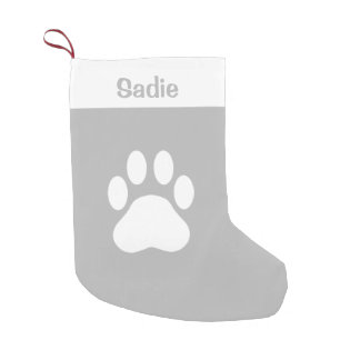 Grey And White Dog Paw Silhouette With Custom Name Small Christmas Stocking