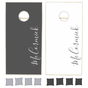 Grey And White Family Script Monogram Name Cornhole Set