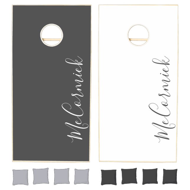 Grey And White Family Script Monogram Name Cornhole Set (Set)