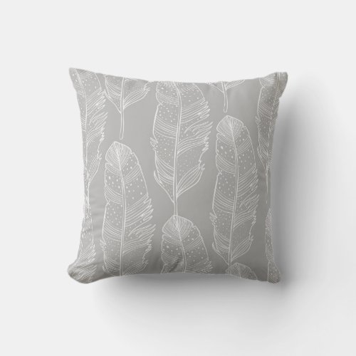 Grey and White Feathers Throw Pillow