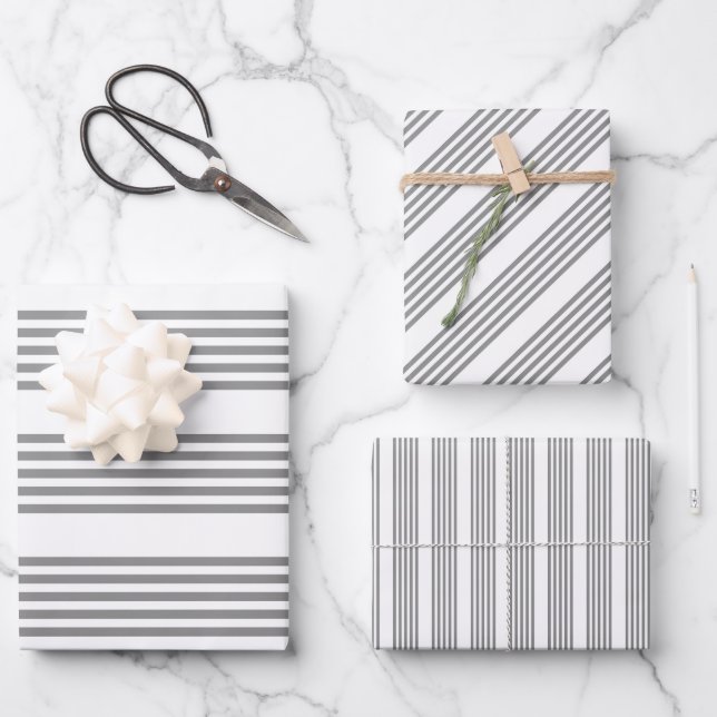 Grey and white five stripes pattern wrapping paper sheets (Front)