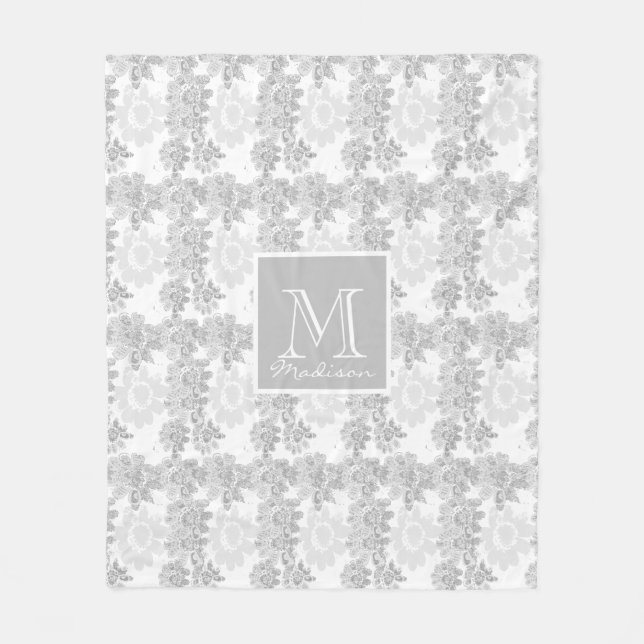 Grey and White Floral Monogram Fantasy Fleece Blanket (Front)