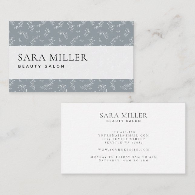 Grey and White Floral Pattern Business Card (Front/Back)