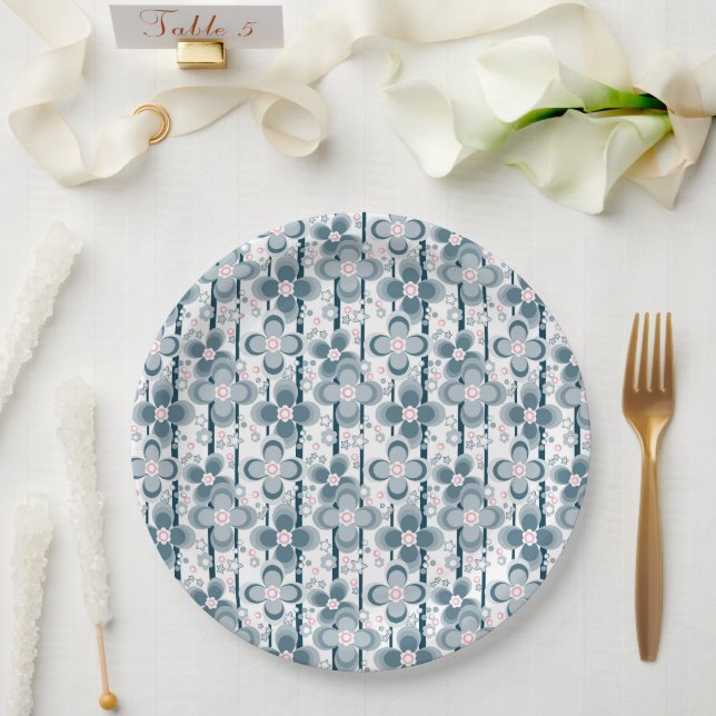 Grey and white floral pattern  gray paper plates (Wedding)
