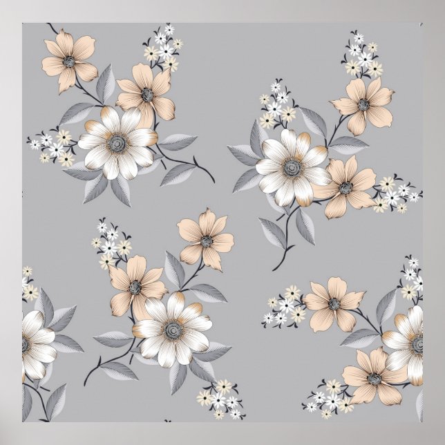 grey and white flower Pattern on grey backgroundde Poster (Front)