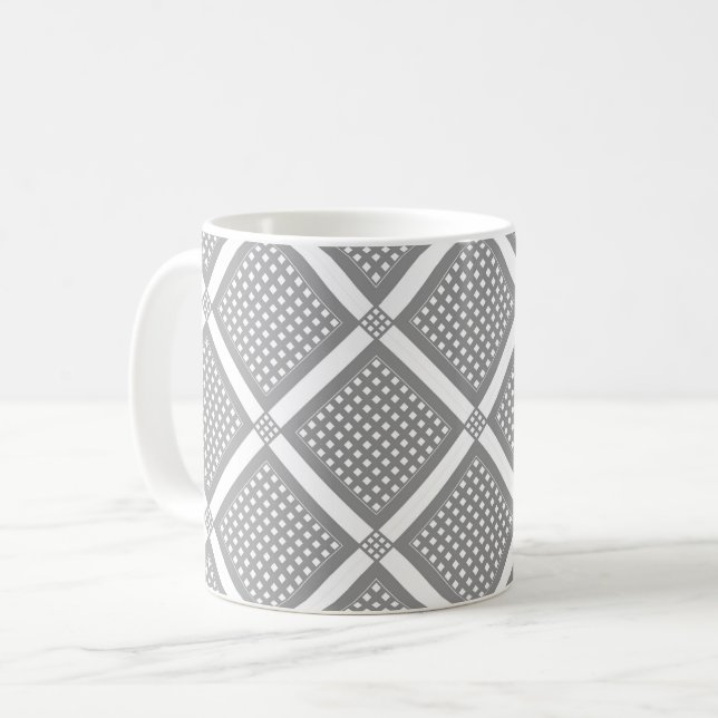 Grey and white geometric checkered pattern coffee mug (Front Left)