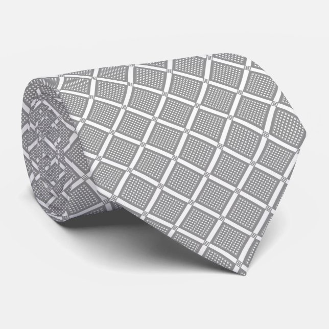Grey and white geometric checkered pattern neck tie (Rolled)
