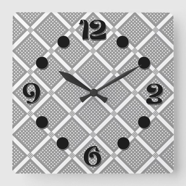 Grey and white geometric checkered pattern square wall clock (Front)
