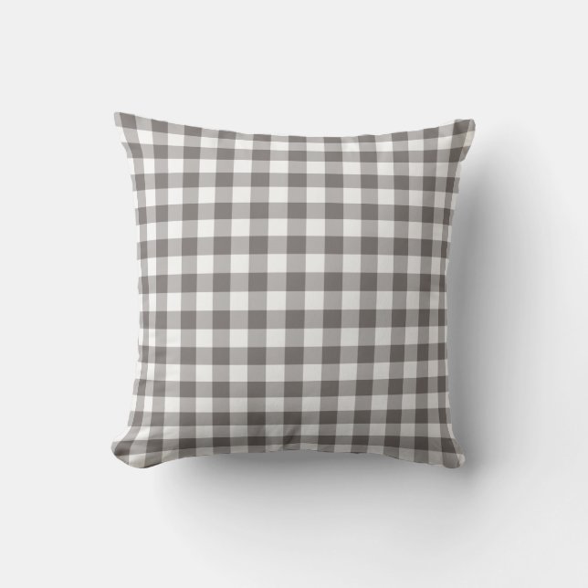 Grey and White Gingham Pattern Checkered Outdoor Pillow (Front)