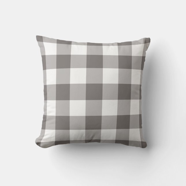 Grey and White Gingham Pattern Checkered Outdoor Pillow (Front)