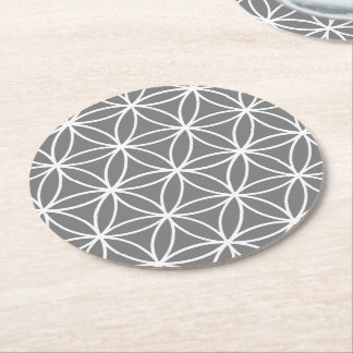Grey and White Graphic Lotus Flower Design Round Paper Coaster