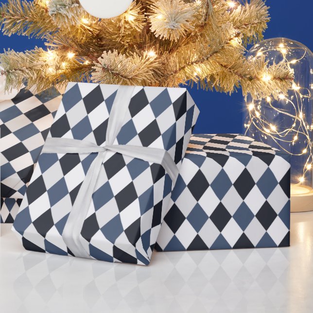 Grey and White Harlequin Diamond Pattern  Wrapping Paper (Holidays)