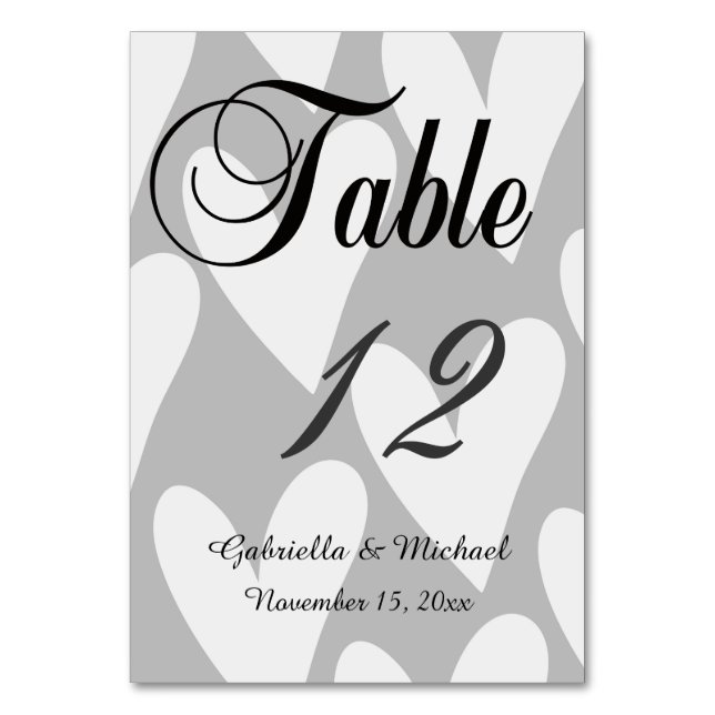 Grey and White Hearts Table Number (Front)
