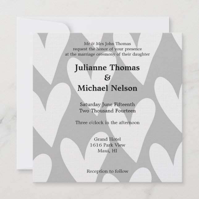 Grey and White Hearts Wedding Invitation (Front)