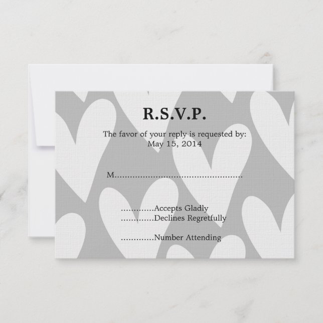 Grey and White Hearts Wedding RSVP (Front)