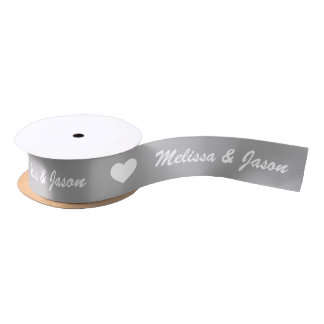 Grey And White Hearts With Wedding Couple Names Satin Ribbon