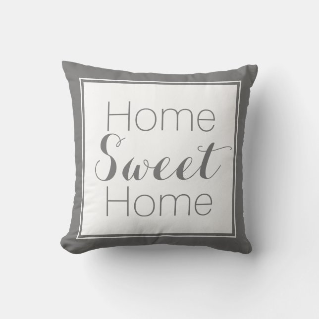 Grey and White Home Sweet Home Reversible Throw Pillow (Front)