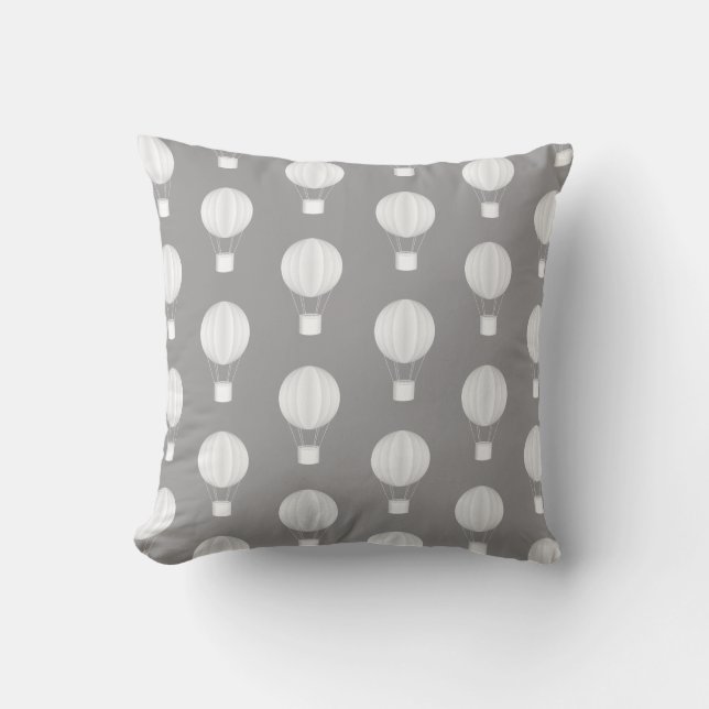 Grey and White Hot Air Balloon Pattern Throw Pillow (Front)