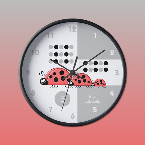 Grey and white kids ladybirds with name clock