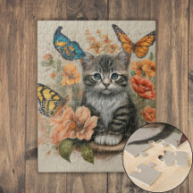 Grey and White Kitten, Pastel Flowers, Butterflies