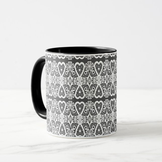 Grey and white lace pattern coffee mug (Front Left)