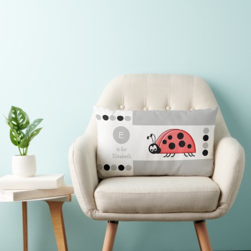 Grey and white ladybird kids monogram lumbar pillow