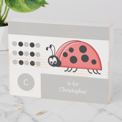 Grey and white ladybird kids monogram wooden box sign