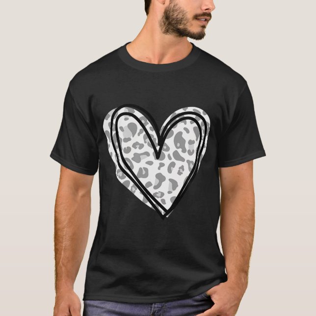 Grey And White Leopard Print Heart Valentines Day T-Shirt (Front)