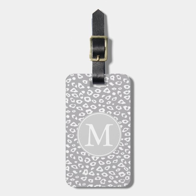 Grey and White Leopard Print Monogram Luggage Tag (Front Vertical)