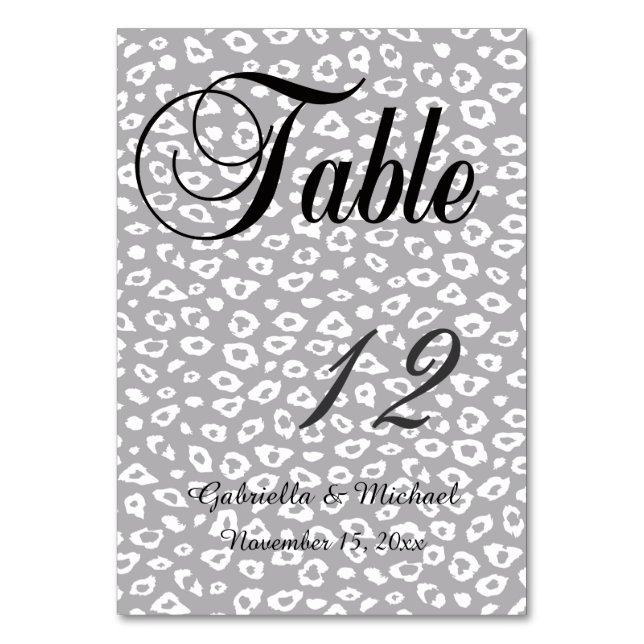 Grey and White Leopard Print Table Number (Front)