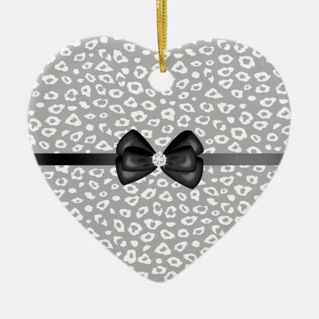 Grey and White Leopard Print with Bow Ceramic Ornament (Front)