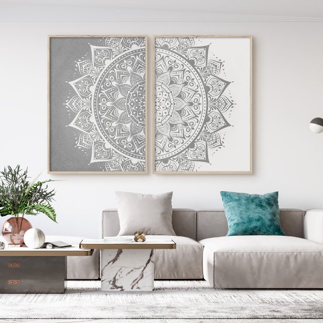 Grey and White Mandala Wall Art Set of 2 Prints (Grey and White Mandala Wall Art Set of 2 Prints in modern living room)