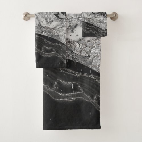 Grey and white marble and silver abstract bath towel set
