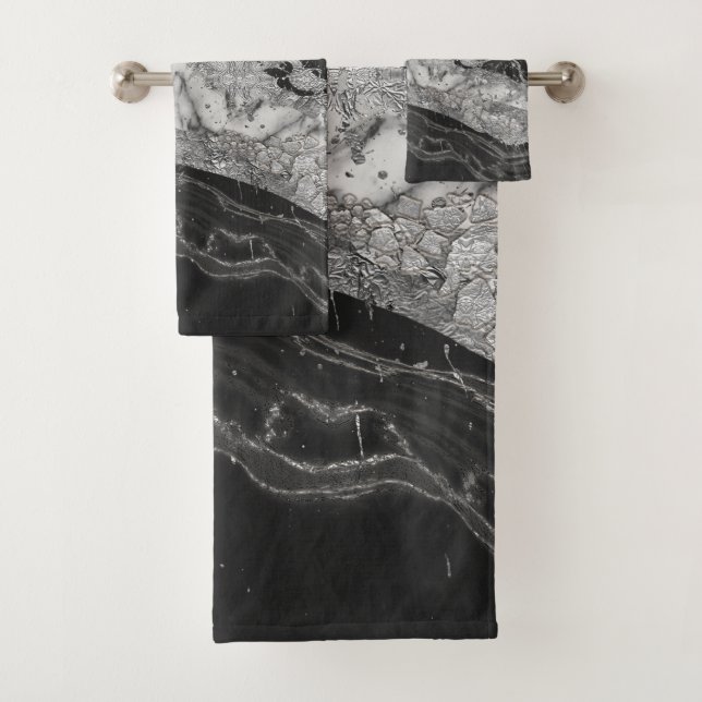 Grey and white marble and silver abstract bath towel set (Insitu)