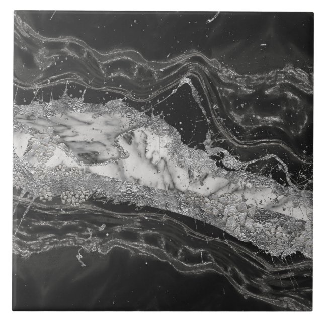 Grey and white marble and silver abstract ceramic tile (Front)