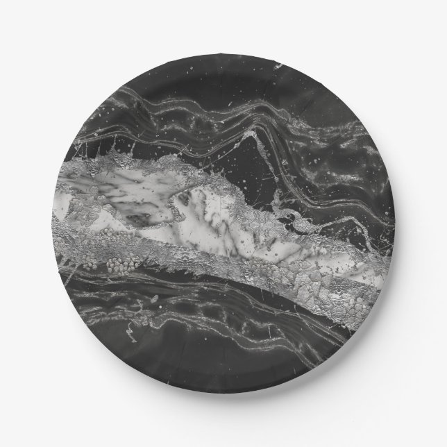 Grey and white marble and silver abstract paper plates (Front)