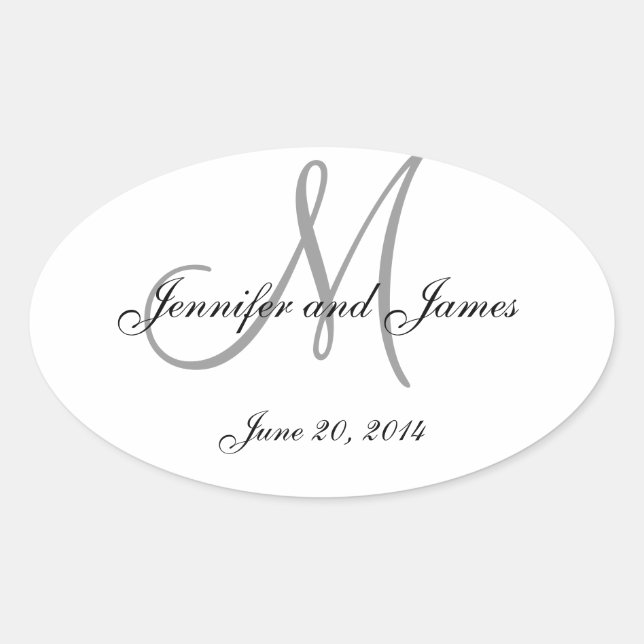 Grey and White Monogram Oval Wedding Labels (Front)
