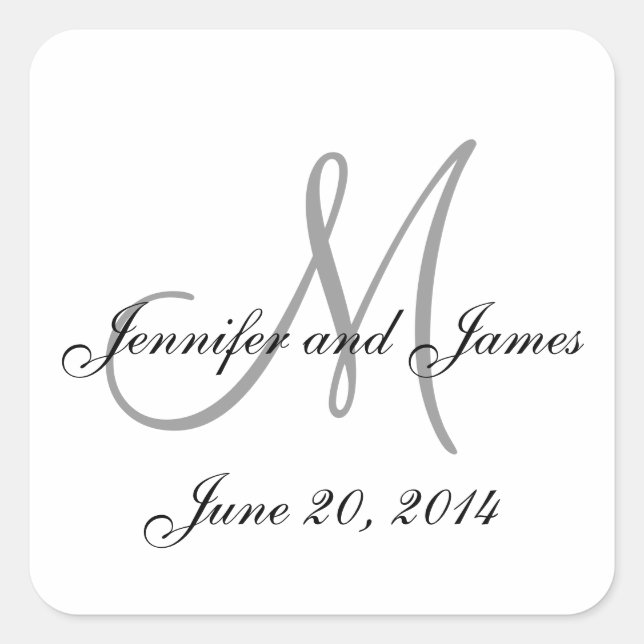 Grey and White Monogram Square Wedding Labels (Front)