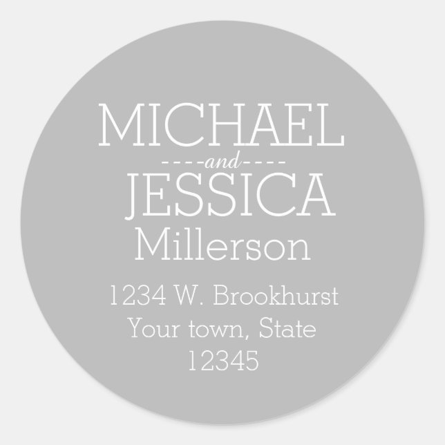 Grey and White Personalized address Classic Round Sticker (Front)